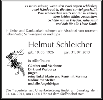 Traueranzeige von Helmut Schleicher von Mitteldeutsche Zeitung Halle/Saalkreis