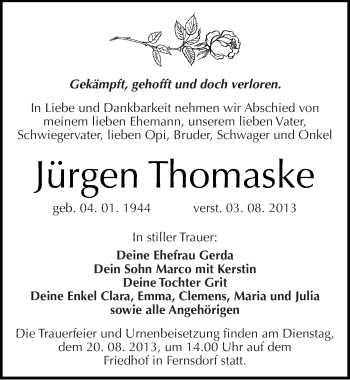 Traueranzeige von Jürgen Thomaske von Mitteldeutsche Zeitung Köthen