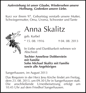 Traueranzeige von Anna Skalitz von Mitteldeutsche Zeitung Sangerhausen