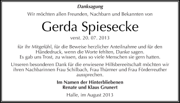 Traueranzeige von Gerda Spiesecke von Mitteldeutsche Zeitung Halle/Saalkreis