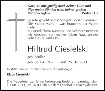 Traueranzeige von Hiltrud Ciesielski von Mitteldeutsche Zeitung Halle/Saalkreis