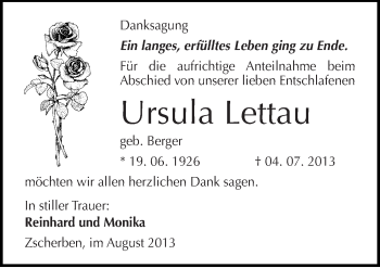 Traueranzeige von Ursula Lettau von Mitteldeutsche Zeitung Halle/Saalkreis