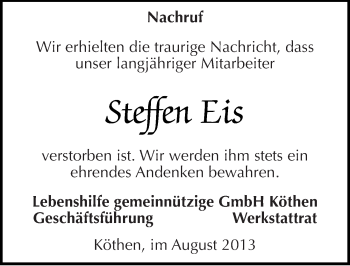Traueranzeige von Steffen Eis von Mitteldeutsche Zeitung Köthen