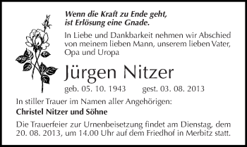 Traueranzeige von Jürgen Nitzer von Mitteldeutsche Zeitung Halle/Saalkreis