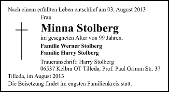Traueranzeige von Minna Stolberg von Mitteldeutsche Zeitung Sangerhausen