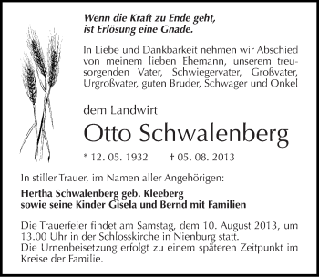 Traueranzeige von Otto Schwalenberg von Mitteldeutsche Zeitung Bernburg