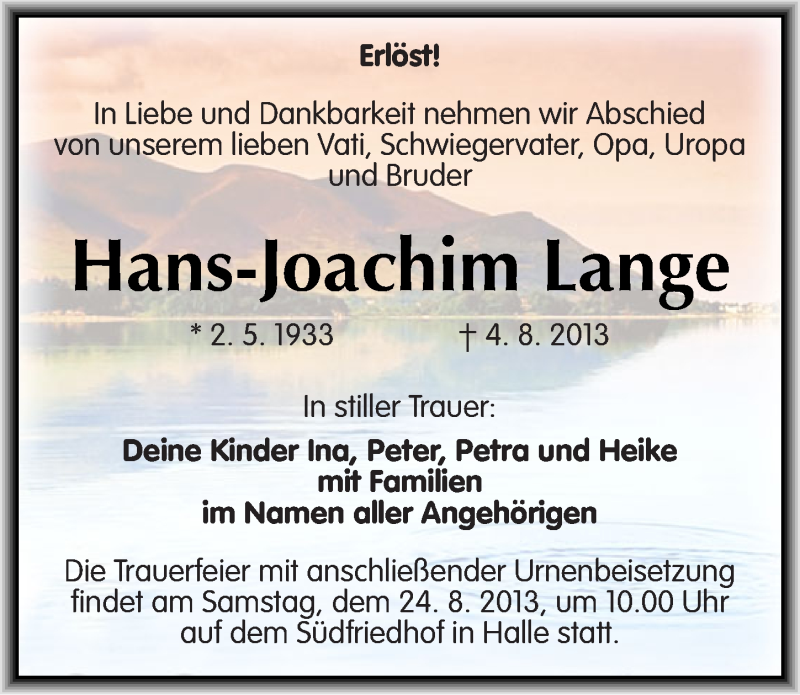 Traueranzeige für Hans-Joachim Lange vom 10.08.2013 aus Mitteldeutsche Zeitung Halle/Saalkreis