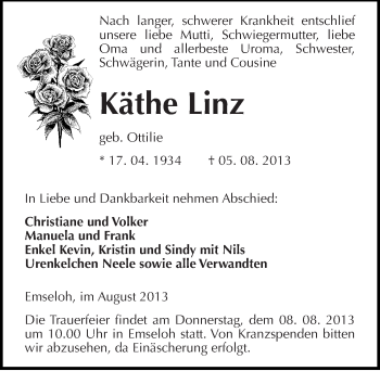 Traueranzeige von Käthe Linz von Mitteldeutsche Zeitung Sangerhausen
