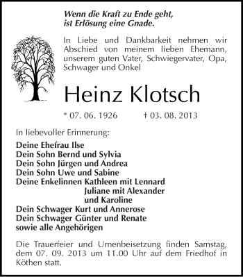 Traueranzeige von Heinz Klotsch von Mitteldeutsche Zeitung Köthen