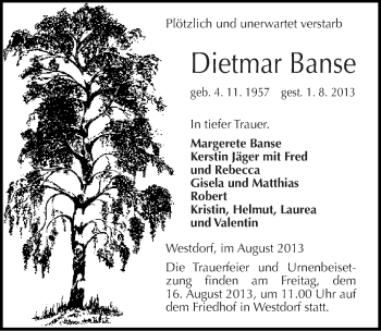 Traueranzeige von Dietmar Banse von Mitteldeutsche Zeitung Aschersleben