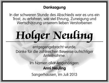 Traueranzeige von Holger Neuling von Mitteldeutsche Zeitung Sangerhausen