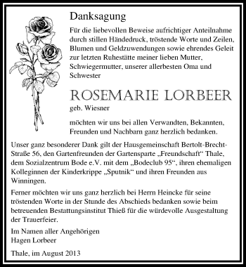 Traueranzeige von Rosemarie Lorbeer von Mitteldeutsche Zeitung
