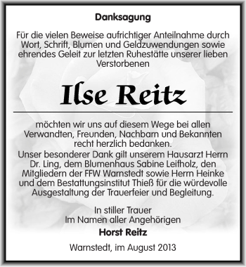 Traueranzeige von Ilse Reitz von Mitteldeutsche Zeitung Quedlinburg
