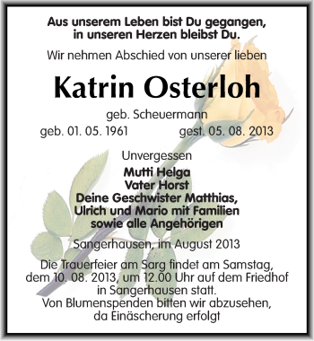 Traueranzeige von Katrin Osterloh von Mitteldeutsche Zeitung Sangerhausen