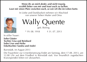 Traueranzeige von Wally Quente von Mitteldeutsche Zeitung Merseburg/Querfurt