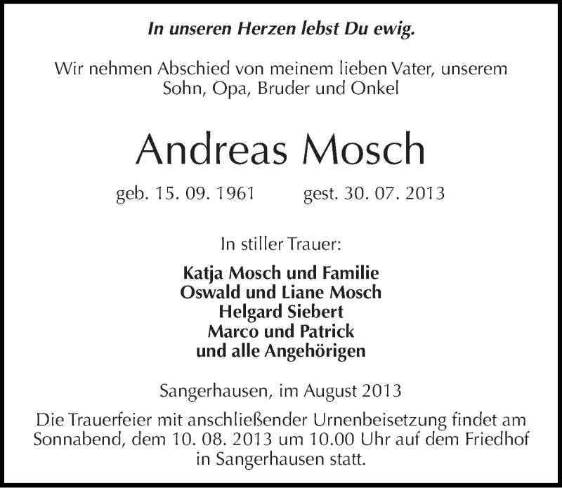  Traueranzeige für Andreas Mosch vom 07.08.2013 aus Mitteldeutsche Zeitung Sangerhausen
