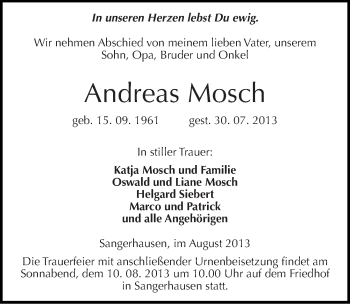 Traueranzeige von Andreas Mosch von Mitteldeutsche Zeitung Sangerhausen