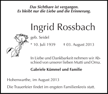 Traueranzeige von Ingrid Rossbach von Mitteldeutsche Zeitung Wittenberg