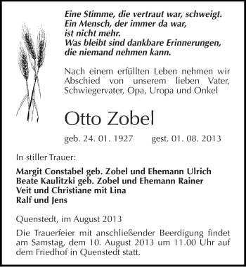 Traueranzeige von Otto Zobel von Mitteldeutsche Zeitung Aschersleben