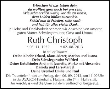 Traueranzeige von Ruth Christoph von Mitteldeutsche Zeitung Halle/Saalkreis
