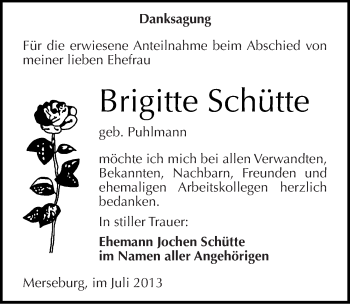 Traueranzeige von Brigitte Schütte von Mitteldeutsche Zeitung Merseburg/Querfurt