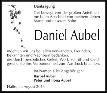Traueranzeige von Daniel Aubel von Mitteldeutsche Zeitung Halle/Saalkreis