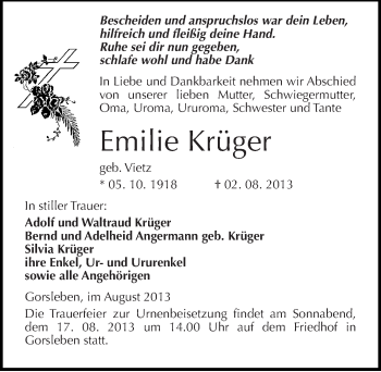 Traueranzeige von Emilie Krüger von Mitteldeutsche Zeitung Halle/Saalkreis