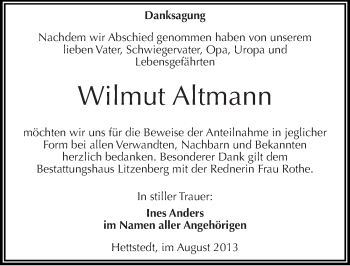 Traueranzeige von Wilmut Altmann von Mitteldeutsche Zeitung Mansfelder Land