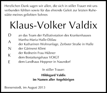 Traueranzeige von Klaus-Volker Valdix von Mitteldeutsche Zeitung Halle/Saalkreis