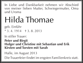 Traueranzeige von Hilda Thomae von Mitteldeutsche Zeitung Halle/Saalkreis