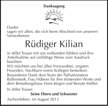 Traueranzeige von Rüdiger Kilian von Mitteldeutsche Zeitung Aschersleben