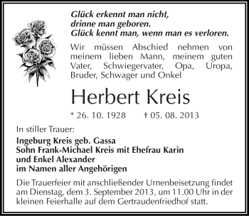 Traueranzeige von Herbert Kreis von Mitteldeutsche Zeitung Halle/Saalkreis