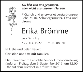 Traueranzeige von Erika Brömme von Mitteldeutsche Zeitung Halle/Saalkreis