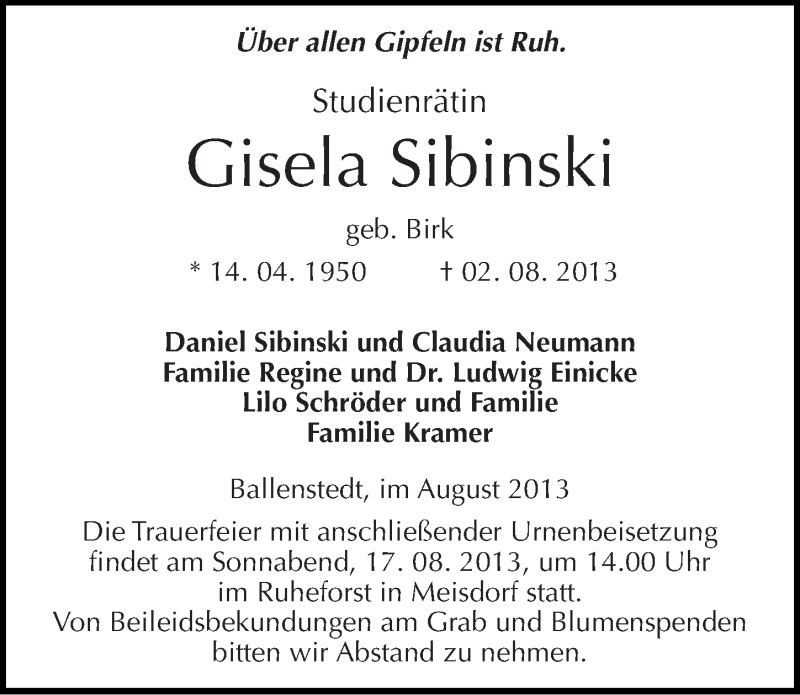  Traueranzeige für Gisela Sibinski vom 10.08.2013 aus Mitteldeutsche Zeitung Quedlinburg