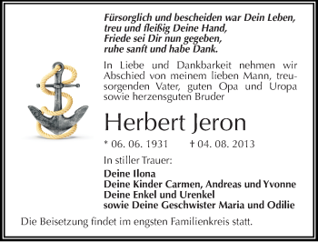 Traueranzeige von Herbert Jeron von Mitteldeutsche Zeitung Halle/Saalkreis