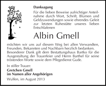 Traueranzeige von Albin Gmell von Mitteldeutsche Zeitung Köthen