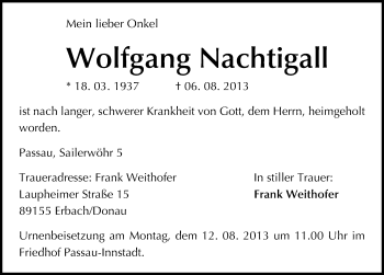 Traueranzeige von Wolfgang Nachtigall von Mitteldeutsche Zeitung Wittenberg