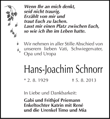 Traueranzeige von Hans-Joachim Schnorr von Mitteldeutsche Zeitung Zeitz