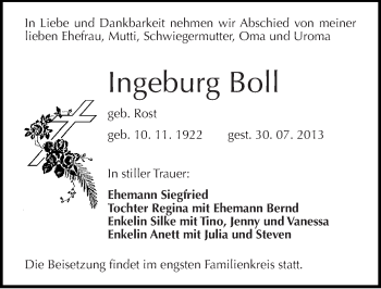 Traueranzeige von Ingeburg Boll von Mitteldeutsche Zeitung Halle/Saalkreis