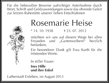 Traueranzeige von Rosemarie Heise von Mitteldeutsche Zeitung Mansfelder Land