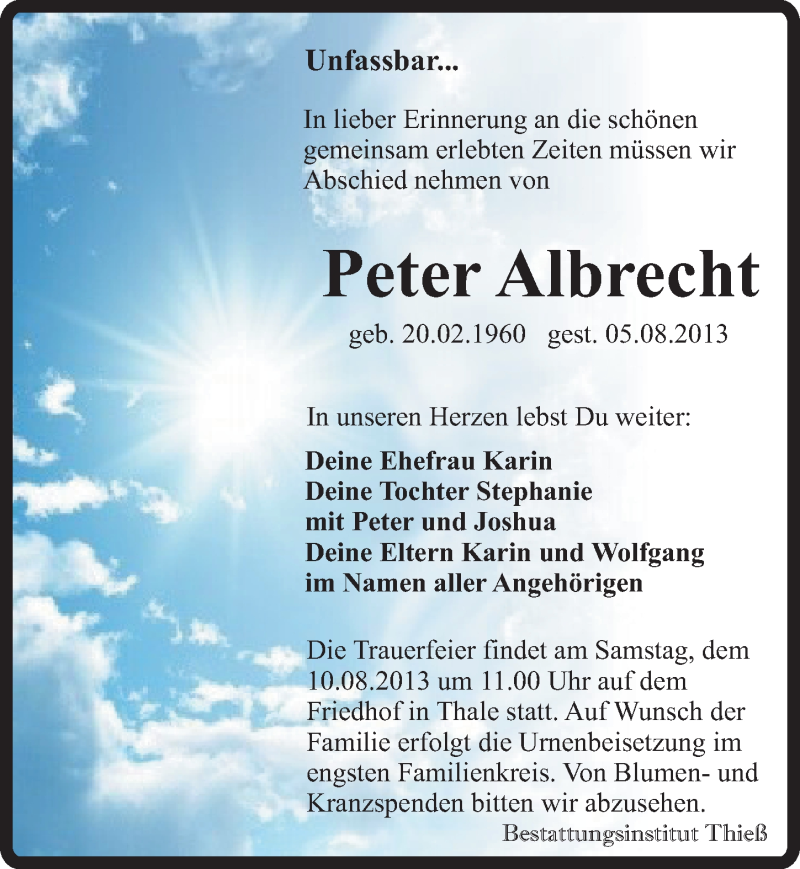 Traueranzeige für Peter Albrecht vom 08.08.2013 aus Mitteldeutsche Zeitung Quedlinburg