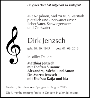 Traueranzeige von Dirk Jenzsch von Mitteldeutsche Zeitung Merseburg/Querfurt