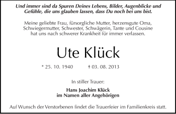Traueranzeige von Ute Klück von Mitteldeutsche Zeitung Sangerhausen