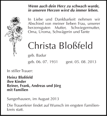 Traueranzeige von Christa Bloßfeld von Mitteldeutsche Zeitung Sangerhausen