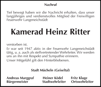 Traueranzeige von Heinz Ritter von Mitteldeutsche Zeitung Merseburg/Querfurt