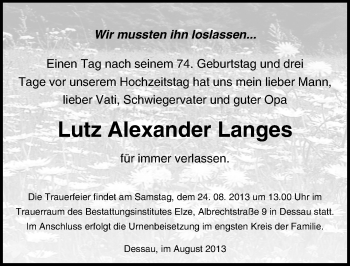 Traueranzeige von Lutz Alexander Langes von Mitteldeutsche Zeitung Dessau-Roßlau