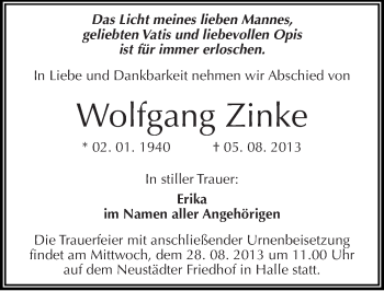 Traueranzeige von Wolfgang Zinke von Mitteldeutsche Zeitung Halle/Saalkreis