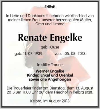 Traueranzeige von Renate Engelke von Mitteldeutsche Zeitung Sangerhausen