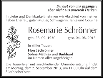 Traueranzeige von Rosemarie Schrönner von Mitteldeutsche Zeitung Halle/Saalkreis