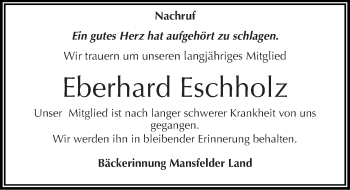 Traueranzeige von Eberhard Eschholz von Mitteldeutsche Zeitung Mansfelder Land